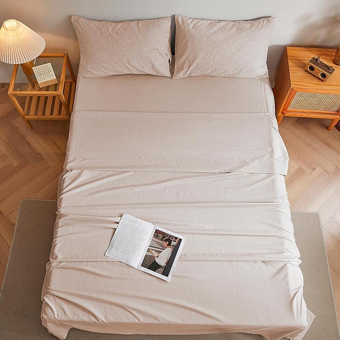 King Sheets Light Pink, Ultral Soft Cationic Linen Look Sheets, Luxury Cooling Cozy Bed Sheet Set with Non-Slip Fitted Sheet
