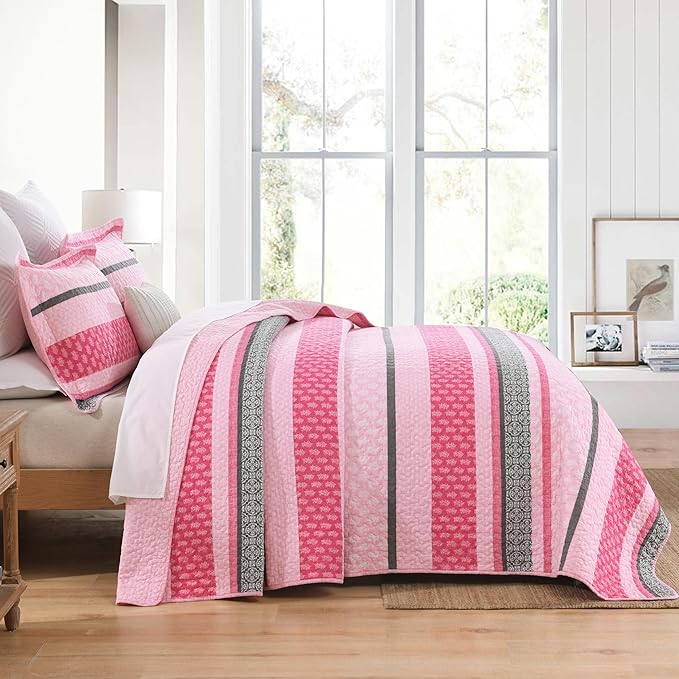 Homzard King Size Comforter Set, Cotton Quilt, Hot Pink Grey Bedding Set,Lightweight Striped Bedspread, Reversible Coverlet King Size (106"X98") with 2 Pillow Shams All Season