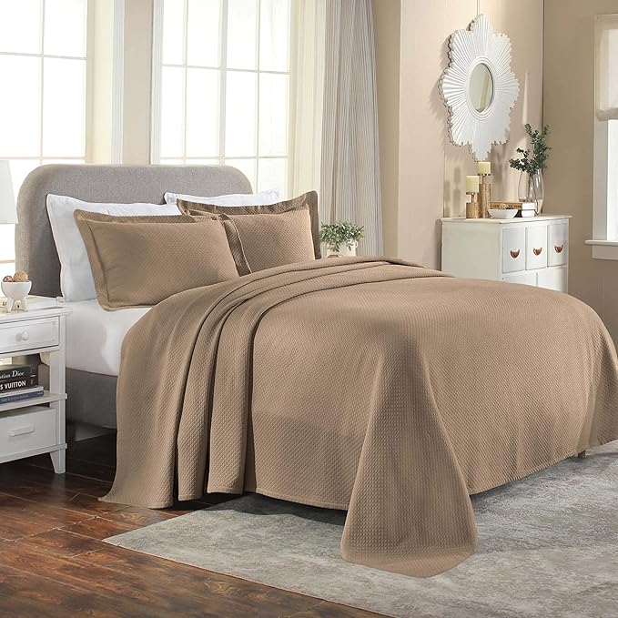 Superior Solitaire Cotton 3 Piece Bedspread Set, Home Bed Decor, Decorative Textured Bed Spread, 2 Pillow Shams, Airy Blanket, Matelasse Coverlet Bedding, All-Season Accent Blanket, Queen, Taupe