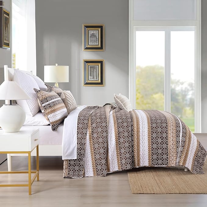 Homzard Brown Quilts Queen Size,Boho Cotton Comforter Set Queen Size,Brown White Snowflake Striped Quilted Bedspread Set,Bohemian Lightweight Comforter Bedding with 2 Pillow Shams