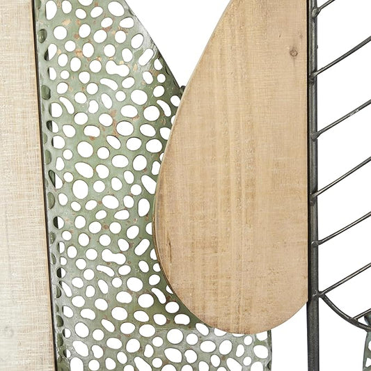 Deco 79 Wood Leaf Home Wall Decor Cutout Wall Sculpture with Green and Black Metal Wire Accents, Wall Art 47" x 3" x 22", Brown