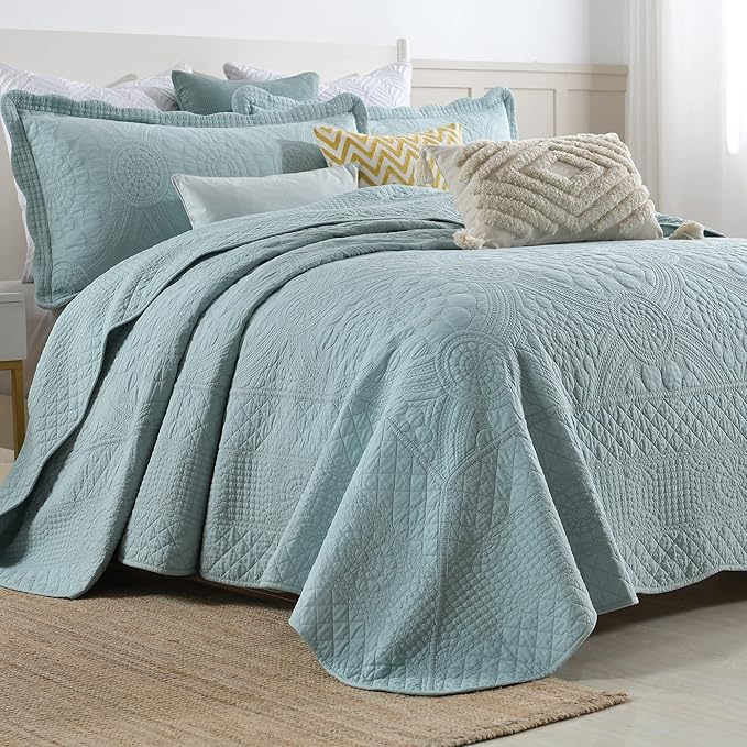 MarCielo 3-Piece 100% Cotton Oversized Bedspread Lightweight Quilt Coverlet Embroidery Farmhouse Bedding (Tf Aruba Blue, Oversized Queen (100"x106"))