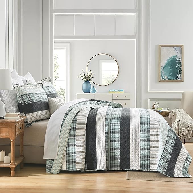 Homzard King Comforter,Cotton King Size Quilt,Teal Black White Bedding Set,Plaid Striped Bedspread,Lightweight Reversible Coverlet All Season 3 Pieces