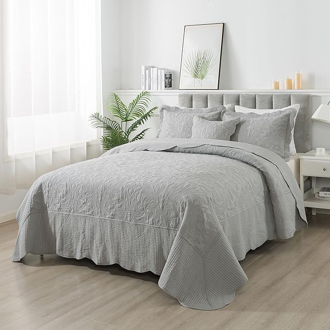 HoneiLife Oversized King Bedspreads - California King Quilt 128x120, 4-Piece Cal King Quilt Sets,Rustic Bedding Sets King Size,Extra Large Coverlets Lightweight Bed Cover for All Season Use-Grey