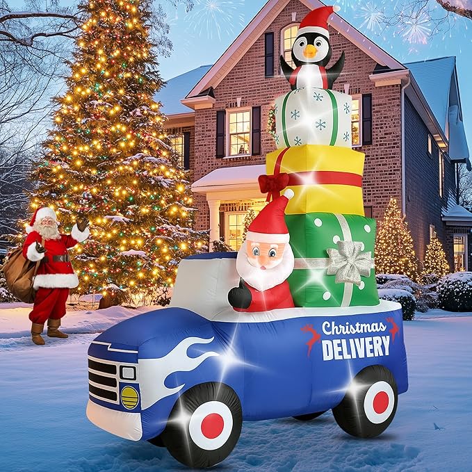 Christmas Decorations Outdoor Inflatables 10FT Christmas Car with Gift Package Inflatable Decor with Build-in LEDs Blow Up for Christmas Party Indoor Outdoor Yard Garden Lawn Patio