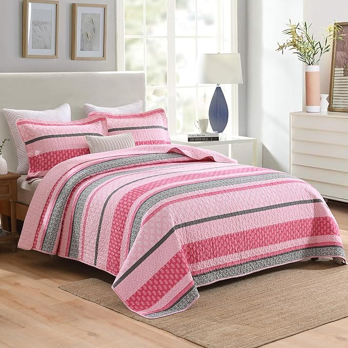 Homzard King Size Comforter Set, Cotton Quilt, Hot Pink Grey Bedding Set,Lightweight Striped Bedspread, Reversible Coverlet King Size (106"X98") with 2 Pillow Shams All Season