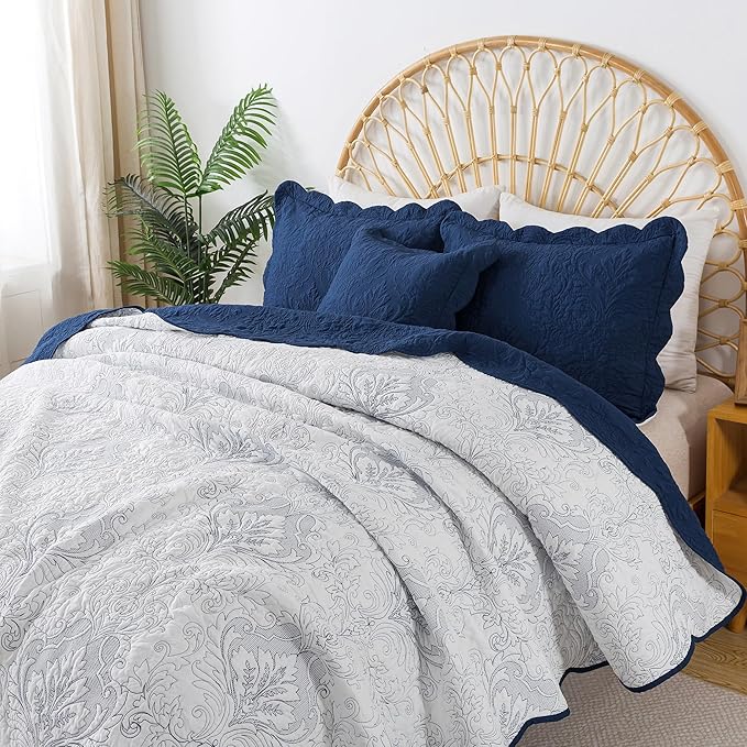 HoneiLife Quilt Sets King Size - Microfiber Bedspreads for King Bed, 3-Piece Lightweight Coverlets, Retro Bed Cover King Quilt Bedding Set All Season Quilts-Navy