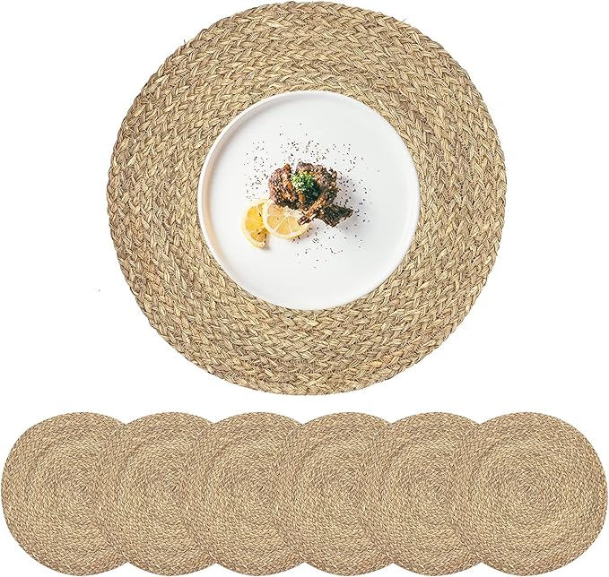 Woven Placemats for Dining Table Set of 6, 100% Natural Straw, Rustic Round Placemats Farmhouse Table Mats Rattan Wicker Placemats Hand Braided Place Mats for Indoor Outdoor, 14.17“
