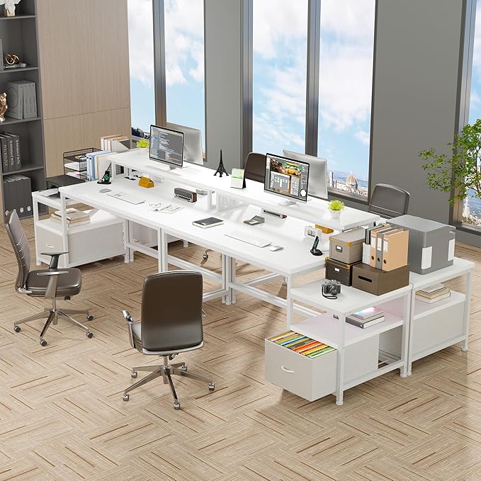 EnHomee 57" Office Desk with Drawers and Printer Space,Computer Desk with Power Outlets,Home Office Desks with File Drawers Cabinet,Study Writing and Gaming Desk with Shelves Monitor Stand,White