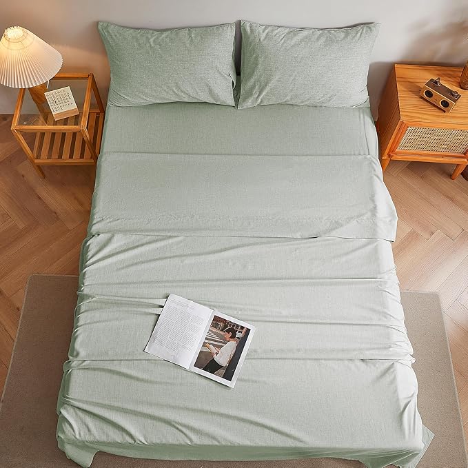 Full Sheets Sage Green, Ultral Soft Cationic Linen Look Sheets, Luxury Cooling Cozy Bed Sheet Set with Non-Slip Fitted Sheet