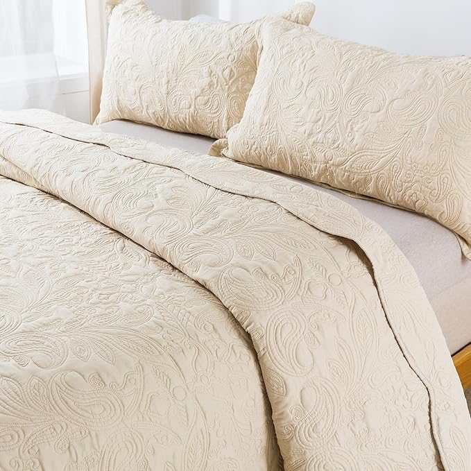 HoneiLife Quilt Set King Size - 3 Piece Embroidered Microfiber Bedspread Reversible Coverlet Lightweight Bedcover Paisley Pattern Bedding Set All Season Quilts-Khaki