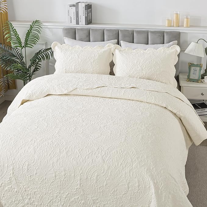 HoneiLife Queen Quilt Bedding Set - Microfiber Quilt Sets for Queen Bed, 3-Piece Lightweight Bedspreads,Reversible Coverlets Rustic Bedlinen Sets, Floral Bedding Set All Season Quilts-Beige
