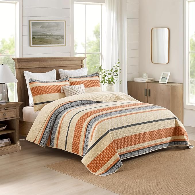 Homzard Quilt King Size, Cotton Orange Gray Black Striped Quilt Bedding Set,Floral Comforter Set King Size,Fall Lightweight Bedspread with Shams,3 Piece All Season