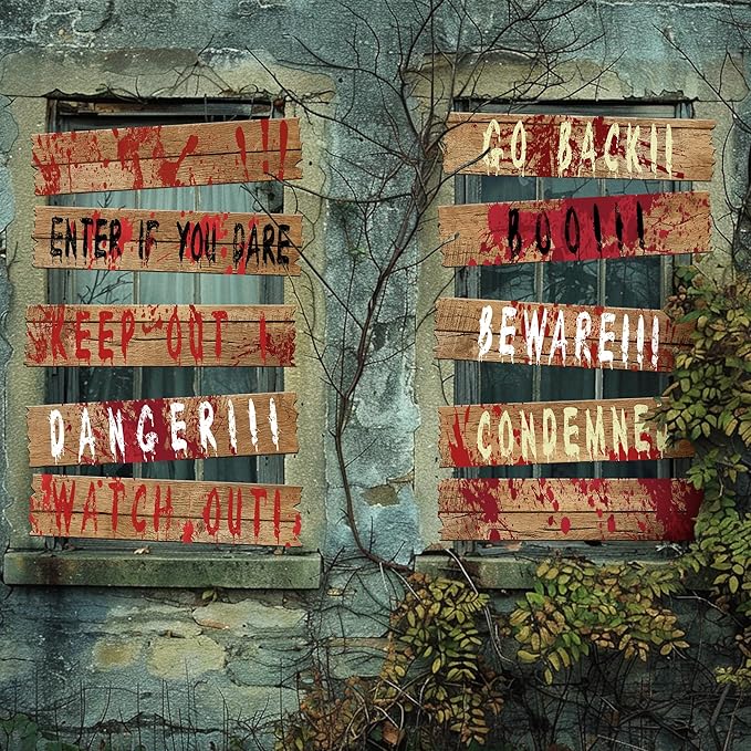 10 pcs Halloween Haunted Window Boards, 27''x 4.7'' Scary Window Warning Signs, Waterproof Bloody Beware Door Board Signs for Outdoor Halloween House Decoration Horror Themed Party