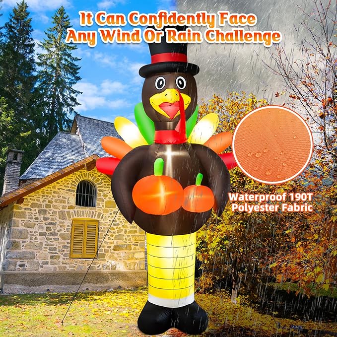 10FT Thanksgiving Inflatables Turkey Decorations, Giant Thanksgiving Blow up Turkey Decor Built-in LED Lights Autumn Fall Harvest Decorations for Holiday Outdoor Yard Lawn Garden Patio Decor