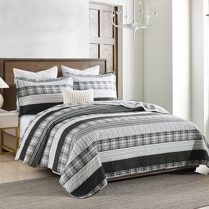 Homzard Quilts Queen Size - Black and White Queen Quilt Bedding Set, Farmhouse Grey Striped Quilt, Lightweight Reversible Comforter Bedspread Set, 3 Piece All Season 100% Cotton