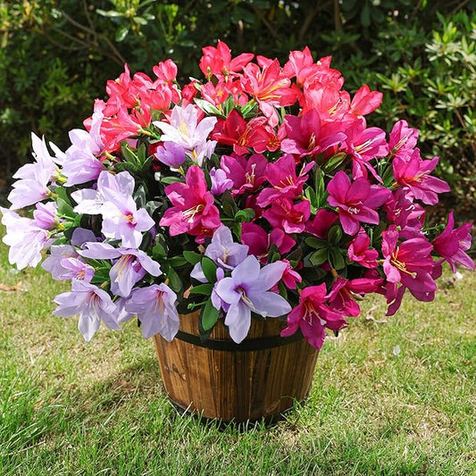 Artificial Flowers for Outdoors, 3 Bundles Fake Silk Azalea Bouquet Faux Flower Plants Outside Decor UV Resistant Realistic Colorful Fake Flowers for Planter Front Door Patio Garden Walkways Home, Mix