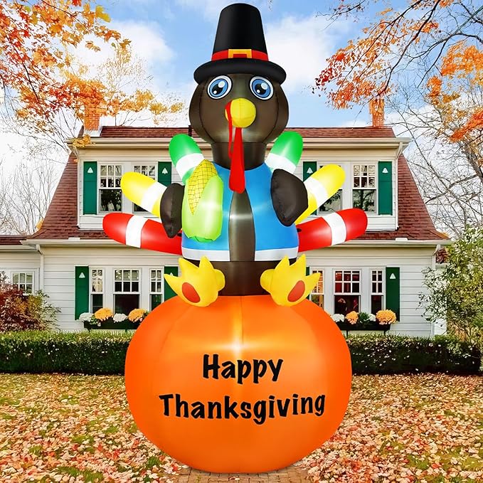 B&D 8FT Thanksgiving Inflatables Turkey Sitting on Pumpkin, Blow up Turkey Thanksgiving Decorations Outdoor Built-in LEDs Autumn Fall Harvest Decorations for Holiday Yard Lawn Garden Patio Decor