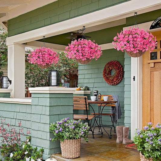 Artificial Faux Hanging Plants Flowers Basket for Outdoors Outside Spring Summer Decoration, Silk Pink Morning Glory in Planter UV Resistant Look Real Fake Flowers for Porch Patio Balcony Home Yard
