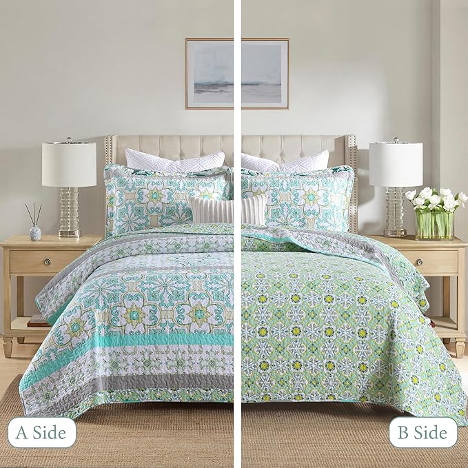 Homzard Sage Green Quilt King Size, Green Floral Quilt King,Cotton Comforter Set (106 * 98 Inches)