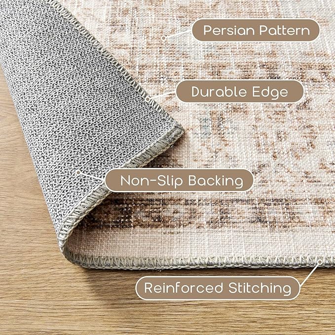 Boho Farmhouse Bedroom Rug Washable Easy Clean Stain Resistant Vintage Country Rustic Neutral Persian Area Rug for Dining Room Under Table,Light Tan Brown Beig with Terracotta Pattern,5x8