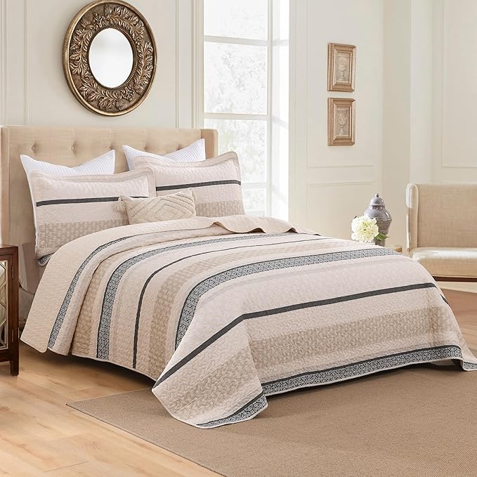 Homzard Quilts Queen Size, Cotton Comforter Set, Beige and Grey Queen Bed Set, Lightweight Striped Bedding, Farmhouse Reversible Bedspread All Season 3 Pieces