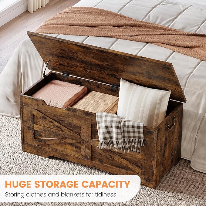 IDEALHOUSE Storage Chest, 39.4" Storage Bench Wooden Toy Chest Box, Farmhouse Storage Trunk with Safety Hinge, Supports 350 lbs, for Entryway, Living Room, Bedroom,Rustic Brown