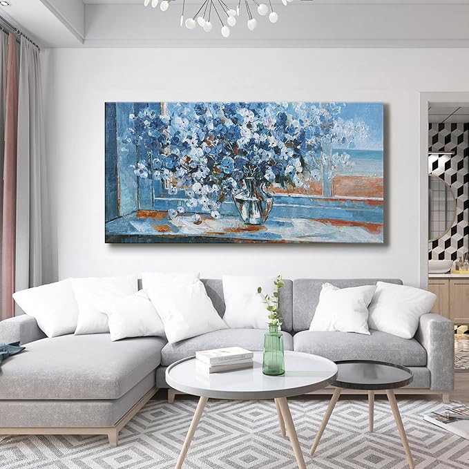Flower Wall Art Blue Floral Wall Decor Pictures Wall Decor Canvas Prints Artwork Suitable For Living Room, Kitchen, Office And Bedroom Can Be Hung Directly 24x48 Inch