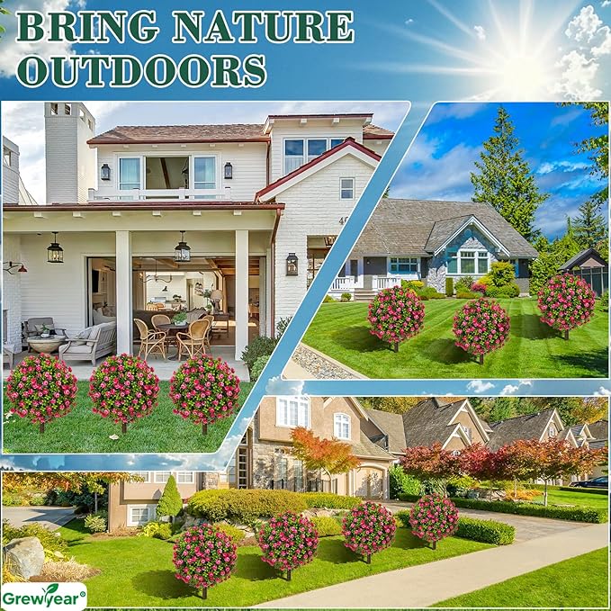 Artificial Topiary Ball with Ground Spike Set of 2, Faux Boxwoods for Outdoor Planters, UV Resistant Artificial Outdoor Plants for Porch, Fake Bushes Round Flower Shrub with Red Rose