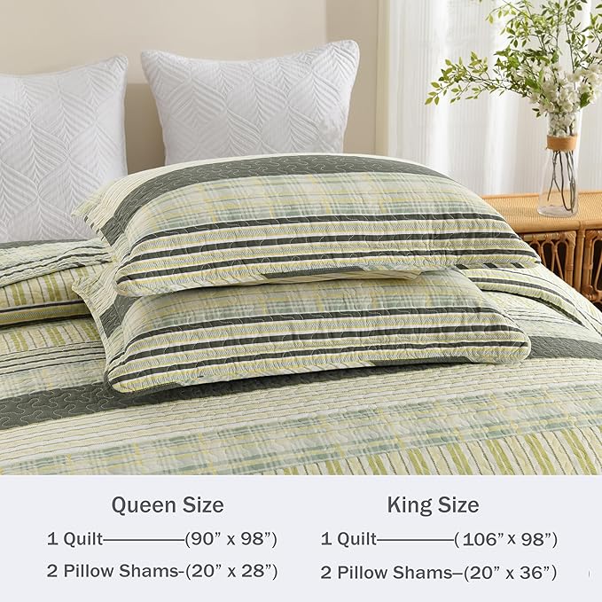 Homzard King Quilt - Cotton Comforter Set King Size, Army Green Yellow Striped Quilt Set,Olive Green Plaid Bedding Bedspread, Lightweight Farmhouse Bedding Set 3 Pieces All Season
