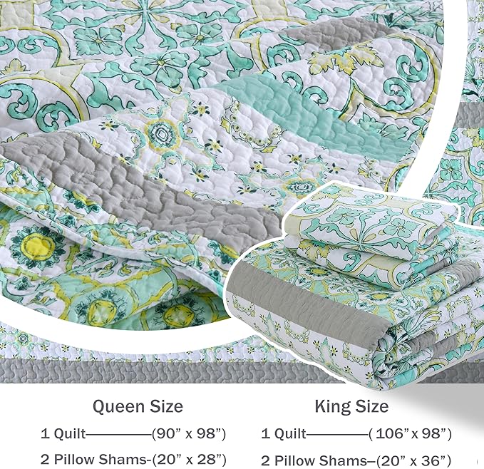 Homzard Sage Green Quilt King Size, Green Floral Quilt King,Cotton Comforter Set (106 * 98 Inches)