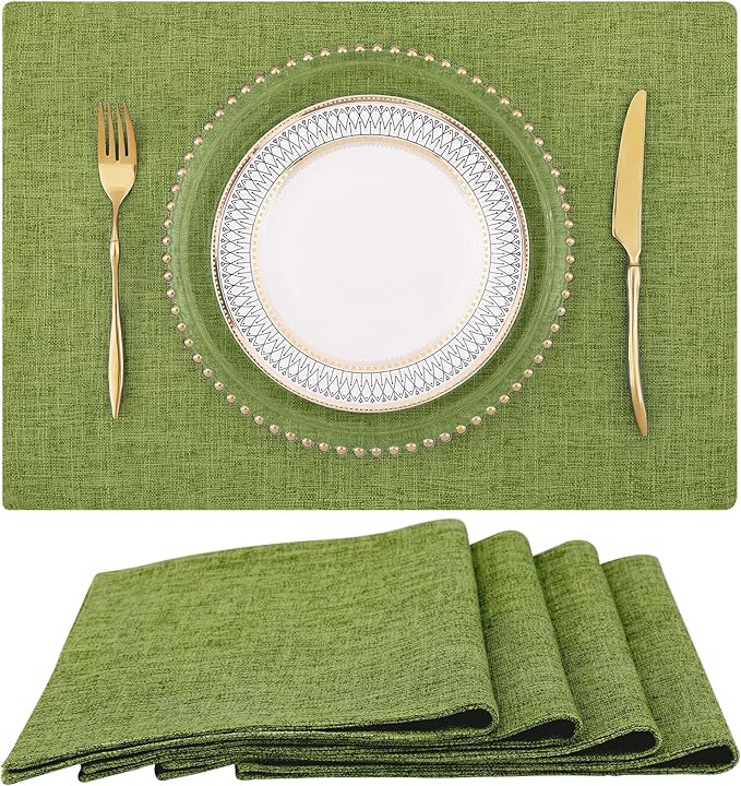 homing Grass Green Cotton Linen Blend Placemats for Dining Table Set of 4 – Washable Farmhouse Kitchen Mats for Indoors & Outdoors, Easy to Clean, 13 x 19 Inch