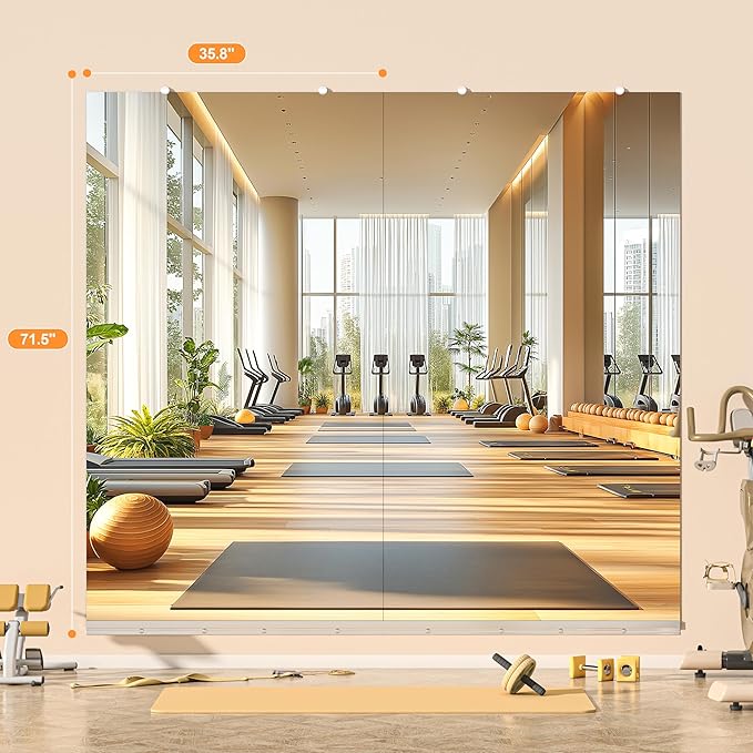 Hasipu Home Gym Mirror, 72"x32" Each, 1-Pack Frameless Wall Mounted Mirrors with Glass Clamps & Aluminum Rail, Large Body Mirror for Home Gym, Yoga Studio, Bedroom, Silver Tempered Glass