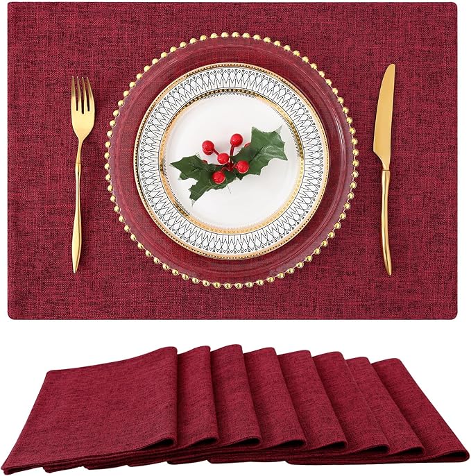 homing Red Cloth Placemats Set of 8 – Cotton Linen Blend Washable Farmhouse Dining Table Mats for Christmas, Easy to Clean, 13 x 19 Inch