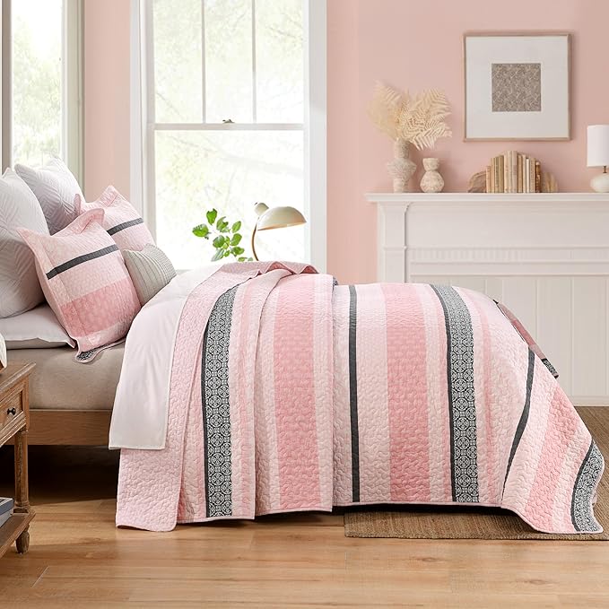 Homzard King Size Comforter Set, Cotton Quilt,Light Pink and Grey Bedding Set,Lightweight Striped Bedspread, Reversible Coverlet King Size (106"X98") with 2 Pillow Shams All Season