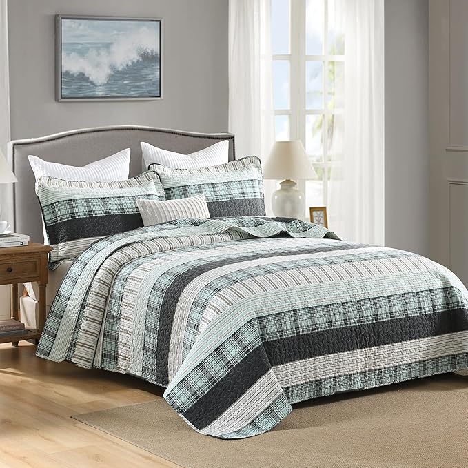 Homzard King Comforter,Cotton King Size Quilt,Teal Black White Bedding Set,Plaid Striped Bedspread,Lightweight Reversible Coverlet All Season 3 Pieces