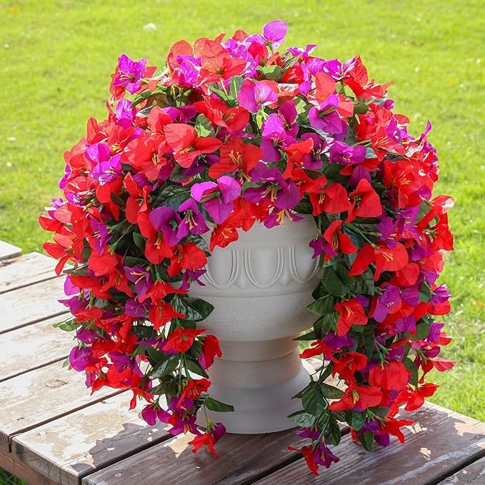 Faux Bougainvillea Artificial Flowers Plants for Outdoor Outside Spring Decoration, 2pcs Fake Silk Long Trailing Vines UV Resistant Realistic for Front Door Porch Planter Urn Patio Balcony Yard, Mix