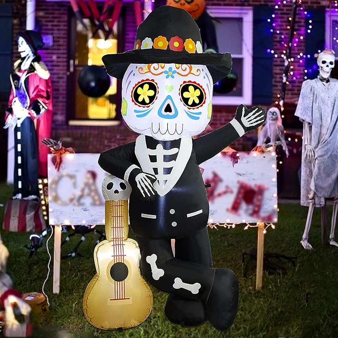 Joliyoou 6FT Halloween Inflatable Decoration, Lighted Blow Up Skeleton with A Guitar, Plug-In Holiday Indoor Outdoor Standing Decor for Spooky Party Day of the Dead (Skeleton Leaning Against A Guitar)