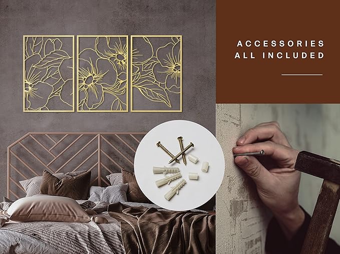 Vivegate Gold Minimalist Floral Single Line Metal Wall Art Decor - 18"X12" 3 Packs Gold Floral Abstract Minimalist Lines Wall signs for Hanging home wall decor
