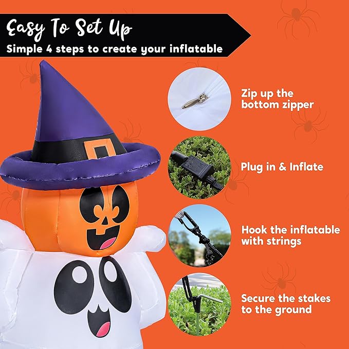 Joiedomi 5 FT Tall Halloween Inflatable Outdoor Decor, Blow Up Yard Decoration Ghost with Colorful LEDs, Inflatable Ghost with Pumpkin Witch Hat for Halloween Outdoor Decoration