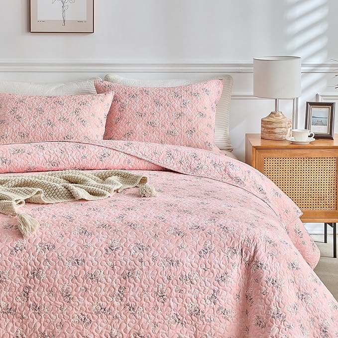 mixinni 3 Pieces Queen Size Comforter Set, Vibrant Colors Pink Floral Bedspread Coverlet Set, Summer Quilted Bed Set for All Season-(Includes 1 Quilt, 2 Pillow Shams)