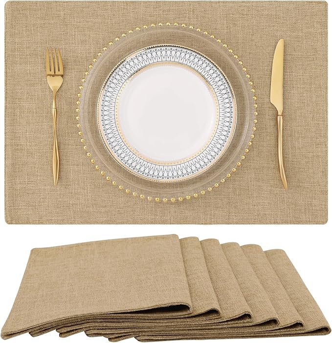 homing Flaxen Cloth Placemats Set of 6 – Cotton Linen Blend Washable Dining Table Mats for Indoors & Outdoors, Easy to Clean, 13 x 19 Inch