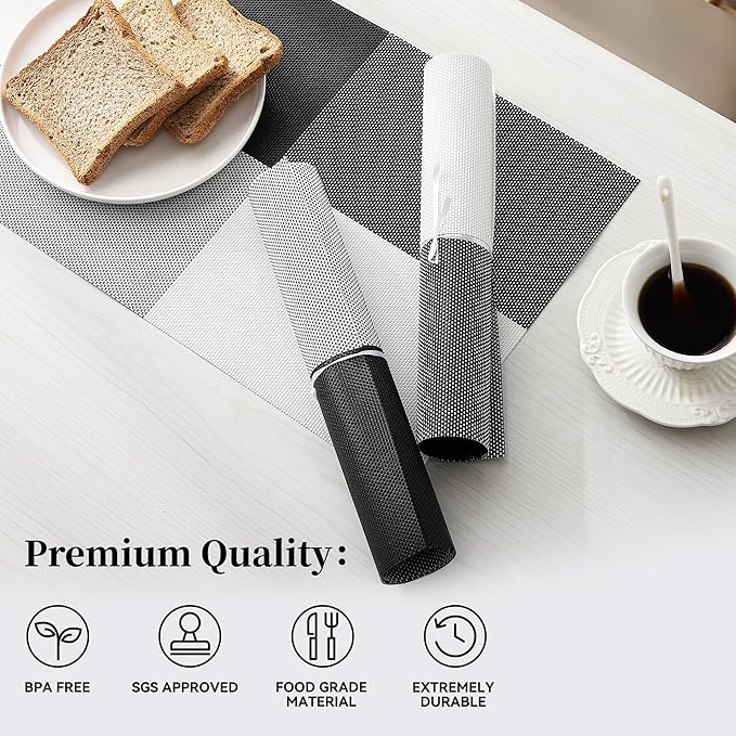 Leetaltree Gray with White Grid Pattern Placemats Set of 6 - Heat Resistant Non-Slip Place mats for Dining Table, Washable Durable PVC Vinyl Woven Table Mats(Grey Grid, 6)