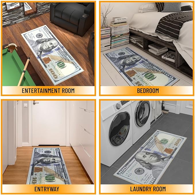 Machine Washable $100 Bill Design Cotton 22x53 Flatweave Runner Rug for Laundry Room, Bedroom, 22" x 53", Multicolor