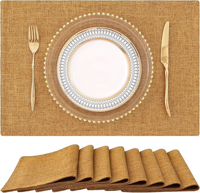 homing Amber Cloth Placemats Set of 8 – Cotton Linen Blend Washable Farmhouse Dining Table Mats for Fall & Thanksgiving, Easy to Clean, 13 x 19 Inch
