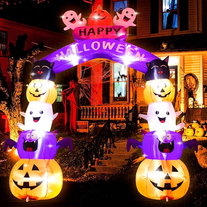 8FT Halloween Stacked Pumpkin Arch Inflatable Decoration Pumpkin Archway Blow up Inflatable Decorationswith LED Lights Indoor Outdoor Yard Garden Holiday Display for Halloween Party
