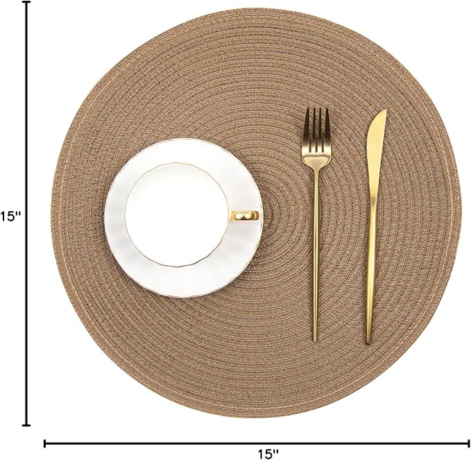 SHACOS Round Placemats Set of 4 Woven Braided Kitchen Table Placemats 15 inch Round Place Mats Washable Table Mats Indoor Outdoor, Brown
