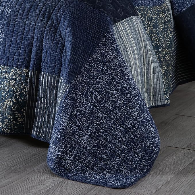 mixinni Navy Blue Quilt Set Queen Size, 100% Cotton Farmhouse Patchwork Plaid Floral Bedding Set, 3-Piece Reversible Lightweight Bedspread Coverlet Set for All Season (88"x92")
