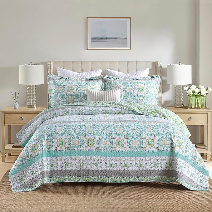 Homzard Sage Green Quilt King Size, Green Floral Quilt King,Cotton Comforter Set (106 * 98 Inches)