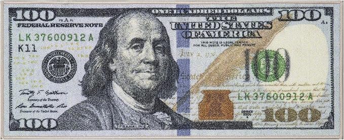 Machine Washable $100 Bill Design Non-Slip Rubberback 17x43 Modern Runner Rug for Hallway, Kitchen, Bedroom, 17" x 43", Multicolor